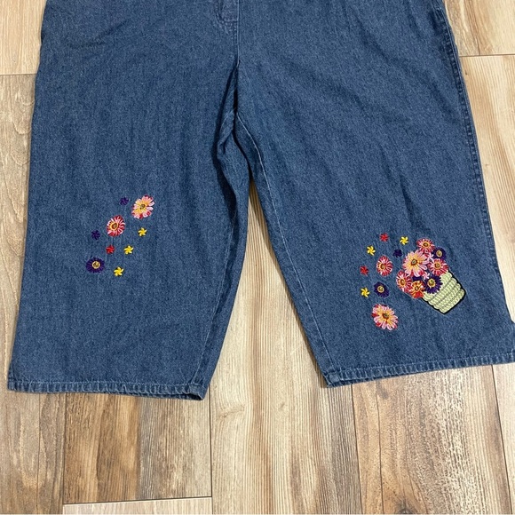 Vintage Agapo Womens Floral Embroidered Blue Cropped Denim Overalls Size 1X - Picture 6 of 9